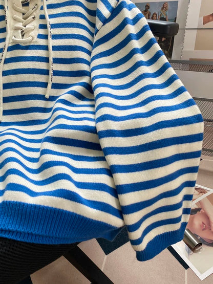 Striped tie-strap design pullover sweater for women, loose and lazy Korean style knitted sweater long-sleeved top for autumn