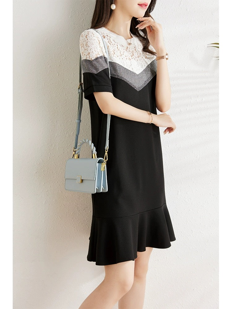 Lace splicing dress for women summer 2024 new fashion loose and belly-covering slimming temperament chic fishtail skirt