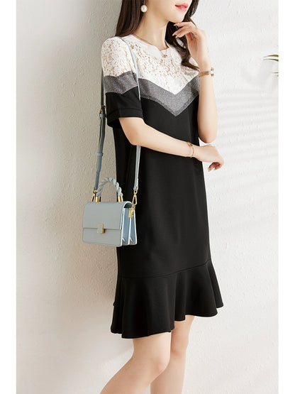 Lace splicing dress for women summer 2024 new fashion loose and belly-covering slimming temperament chic fishtail skirt