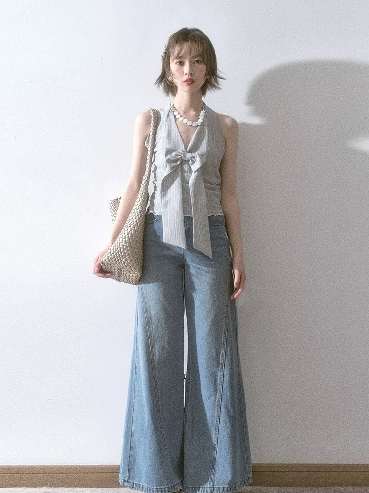 Liparpa Qilixiang bow tie holiday style striped vintage feel halter neck top sleeveless shirt