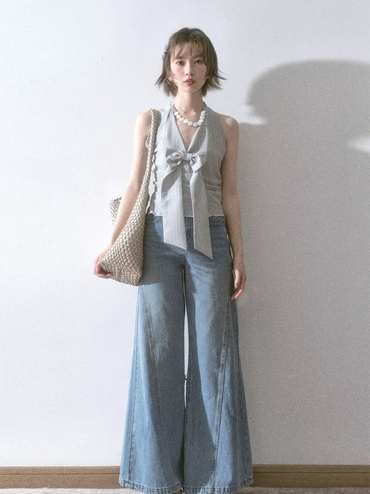Liparpa Qilixiang bow tie holiday style striped vintage feel halter neck top sleeveless shirt