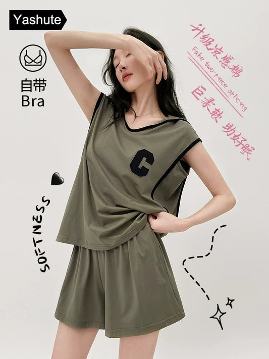 Pajama women's summer cool cotton vest shorts two-piece set loose with chest pad anti-bump thin sleeveless suit