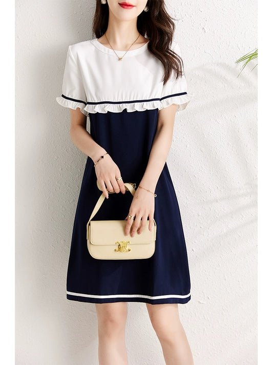 Contrast color splicing design chiffon dress for women summer 2024 new style covering the flesh, showing slimming temperament, fashionable a-line skirt