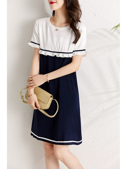 Contrast color splicing design chiffon dress for women summer 2024 new style covering the flesh, showing slimming temperament, fashionable a-line skirt