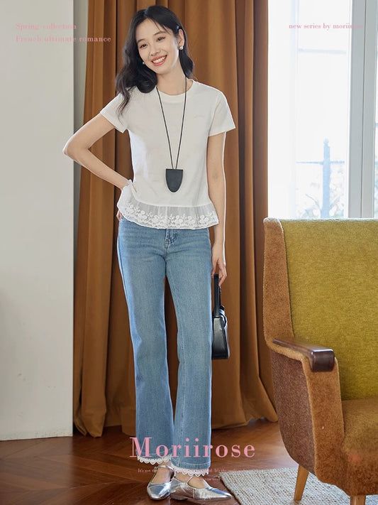 Moriirose white round neck lace hem patchwork lace design T-shirt female summer temperament slim fit top