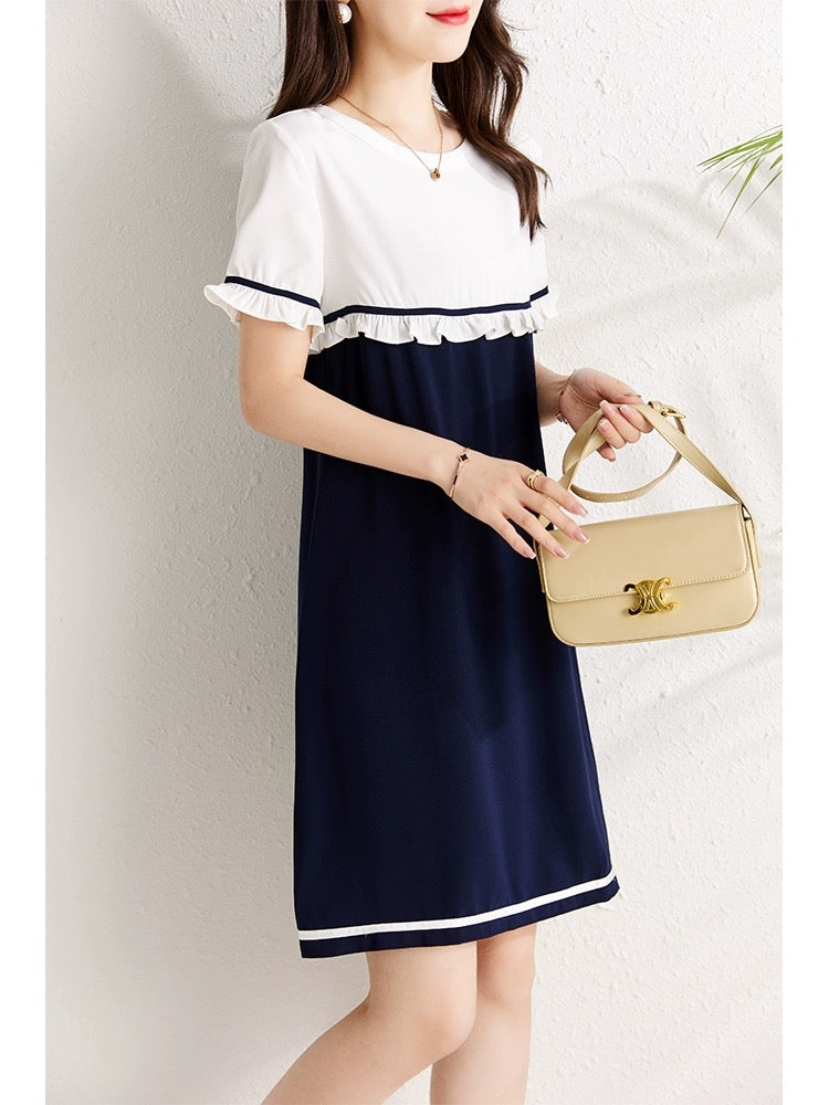 Contrast color splicing design chiffon dress for women summer 2024 new style covering the flesh, showing slimming temperament, fashionable a-line skirt