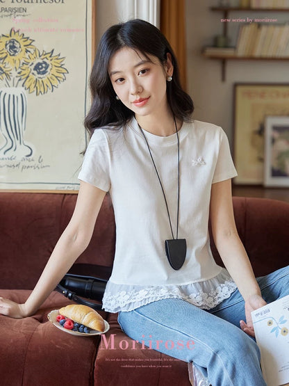 Moriirose white round neck lace hem patchwork lace design T-shirt female summer temperament slim fit top