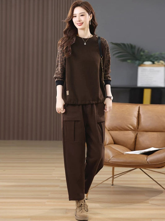 Fashion suit for women 2024 new winter velvet thickened outfit complete set of autumn and winter mother's sweatshirt two-piece set