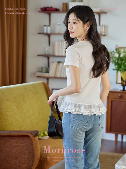 Moriirose white round neck lace hem patchwork lace design T-shirt female summer temperament slim fit top
