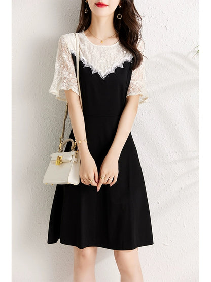 Slightly fat mm lace splicing dress for women summer 2024 new style waist-covering belly-looking slimming temperament large size a-line skirt