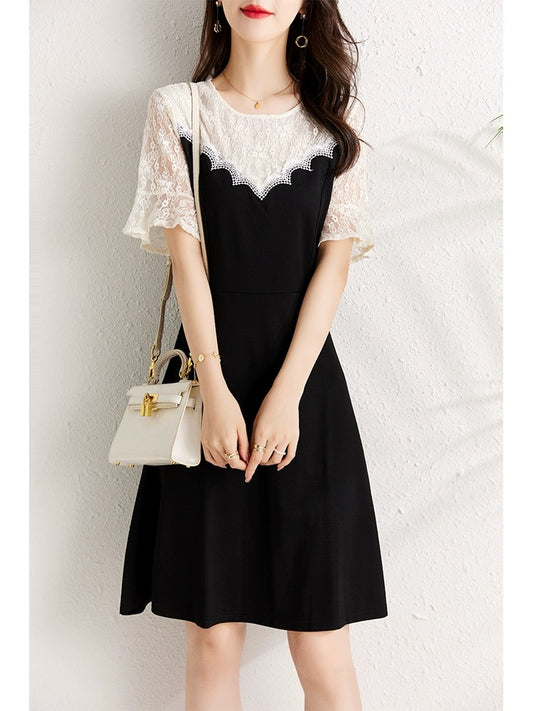 Slightly fat mm lace splicing dress for women summer 2024 new style waist-covering belly-looking slimming temperament large size a-line skirt