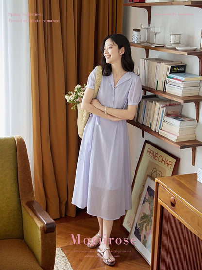 Moriirose purple lapel buttoned tie wrinkled dress women's summer waist slimming mid-length skirt