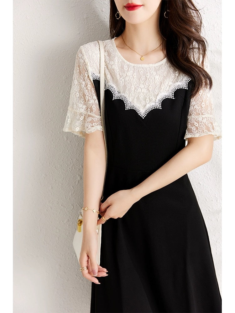 Slightly fat mm lace splicing dress for women summer 2024 new style waist-covering belly-looking slimming temperament large size a-line skirt