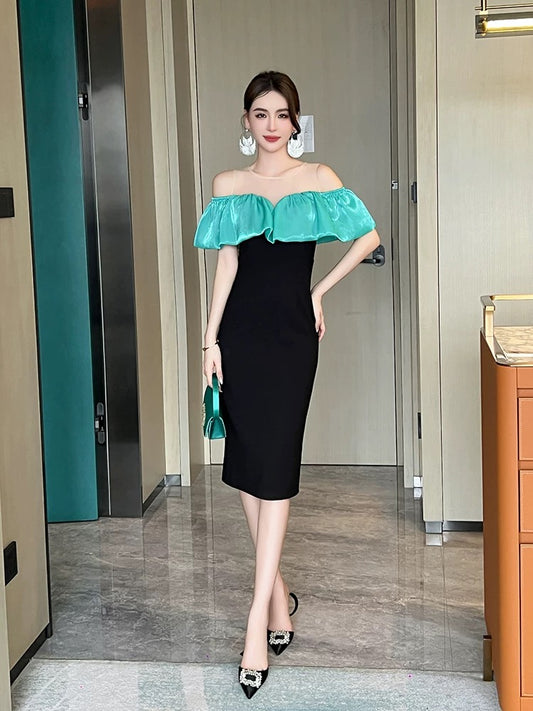 One-shoulder dress summer new style black temperament slim hip-covering sexy off-shoulder ruffled little black dress