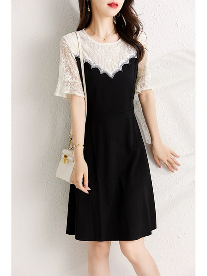 Slightly fat mm lace splicing dress for women summer 2024 new style waist-covering belly-looking slimming temperament large size a-line skirt