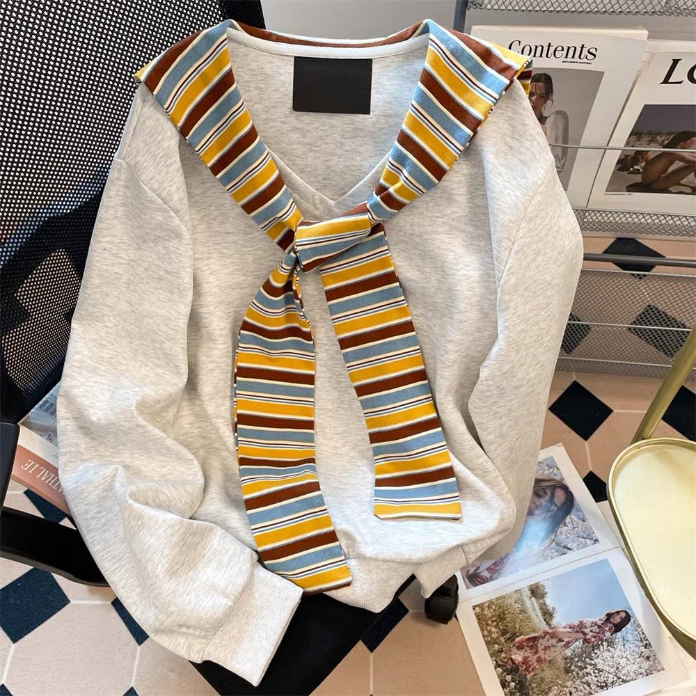 Korean lazy v-neck striped shawl fake two-piece sweatshirt women's autumn loose casual straight shoulder long-sleeved top jacket
