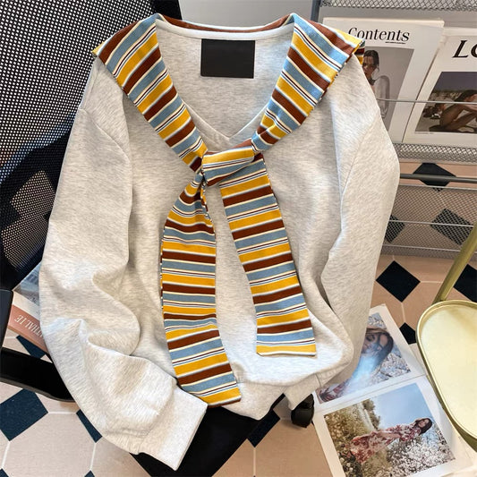 Korean lazy v-neck striped shawl fake two-piece sweatshirt women's autumn loose casual straight shoulder long-sleeved top jacket