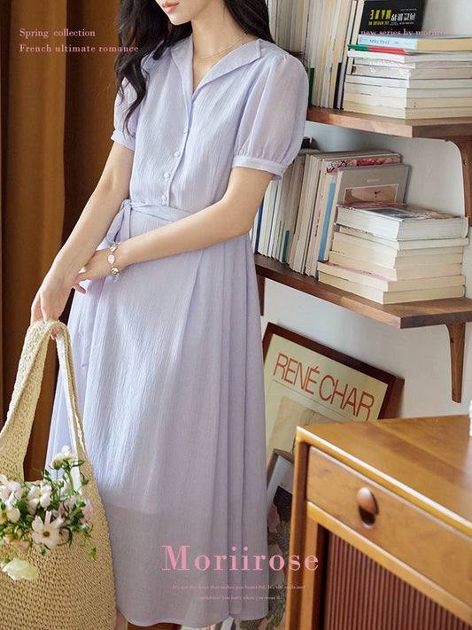 Moriirose purple lapel buttoned tie wrinkled dress women's summer waist slimming mid-length skirt