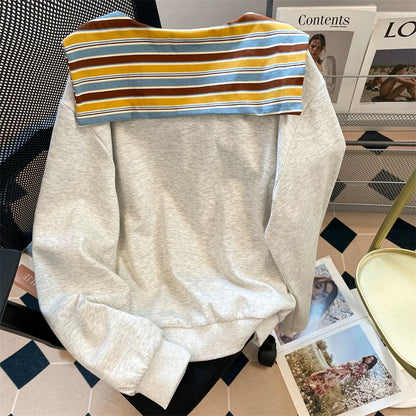 Korean lazy v-neck striped shawl fake two-piece sweatshirt women's autumn loose casual straight shoulder long-sleeved top jacket