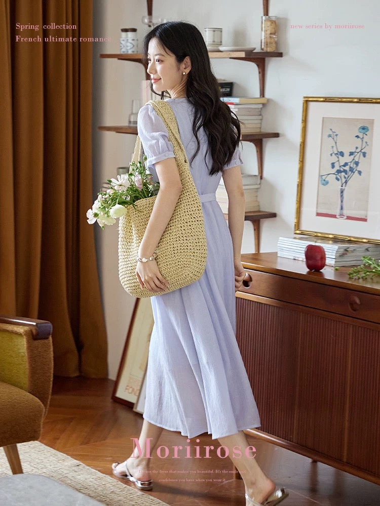 Moriirose purple lapel buttoned tie wrinkled dress women's summer waist slimming mid-length skirt