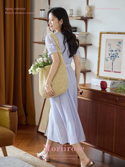 Moriirose purple lapel buttoned tie wrinkled dress women's summer waist slimming mid-length skirt