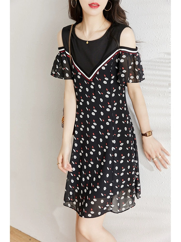 Off-the-shoulder chiffon dress for women 2024 summer new fat mm fashionable casual loose belly-covering slimming A-line skirt