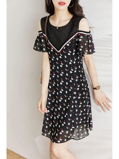 Off-the-shoulder chiffon dress for women 2024 summer new fat mm fashionable casual loose belly-covering slimming A-line skirt