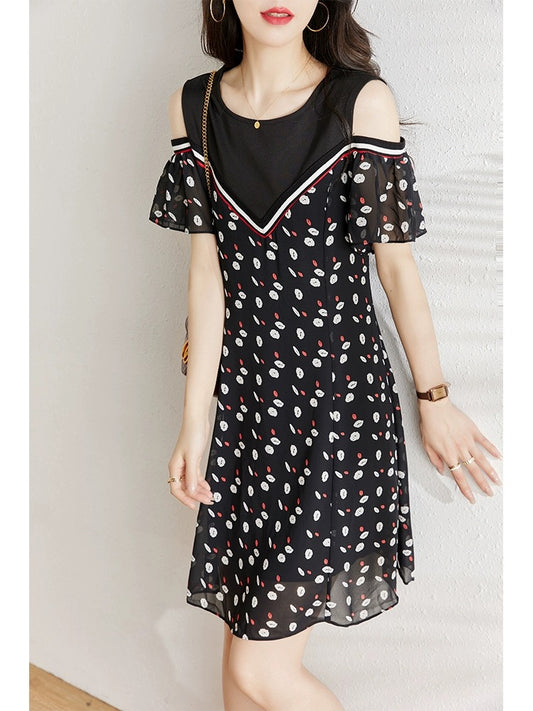 Off-the-shoulder chiffon dress for women 2024 summer new fat mm fashionable casual loose belly-covering slimming A-line skirt