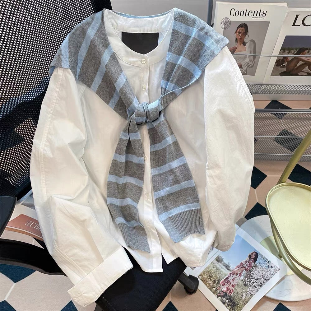 French knitted shawl striped two-piece shirt women's autumn 2025 new loose lazy style long-sleeved shirt jacket