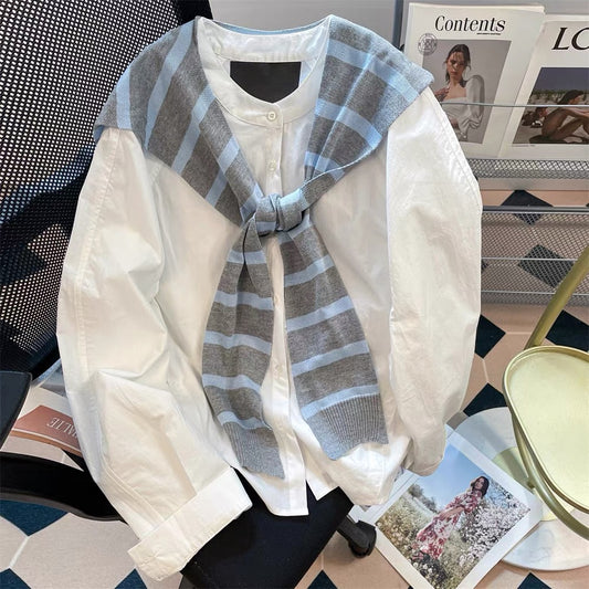 French knitted shawl striped two-piece shirt women's autumn 2025 new loose lazy style long-sleeved shirt jacket