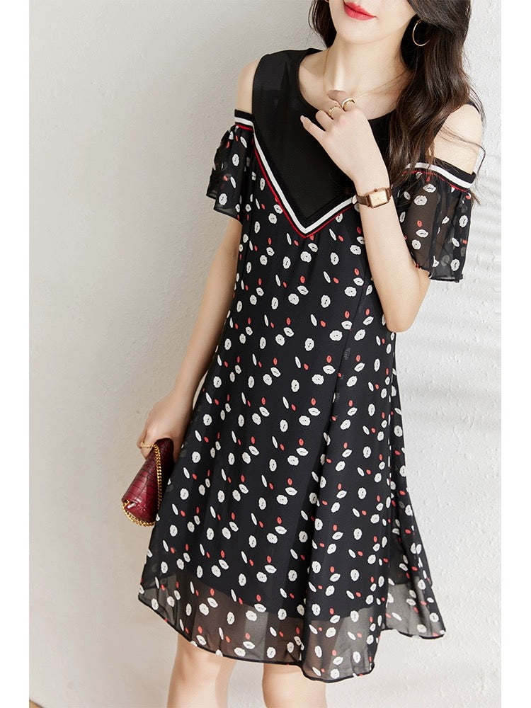 Off-the-shoulder chiffon dress for women 2024 summer new fat mm fashionable casual loose belly-covering slimming A-line skirt