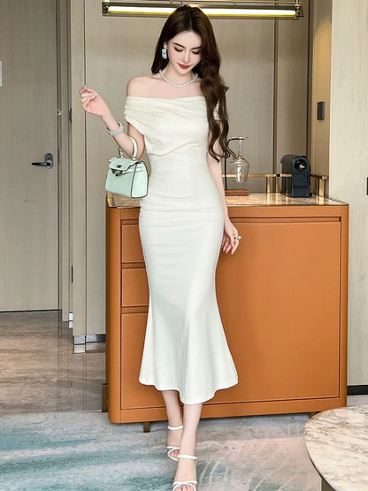 European station fishtail dress women's summer one-shoulder elegant temperament sexy mid-length waist slimming hip skirt