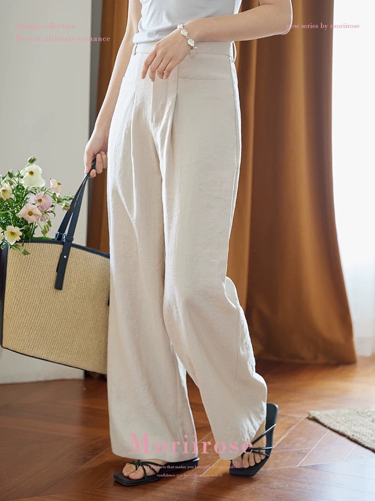 Moriirose beige drape casual pants women's summer retro high waist slim temperament loose straight trousers