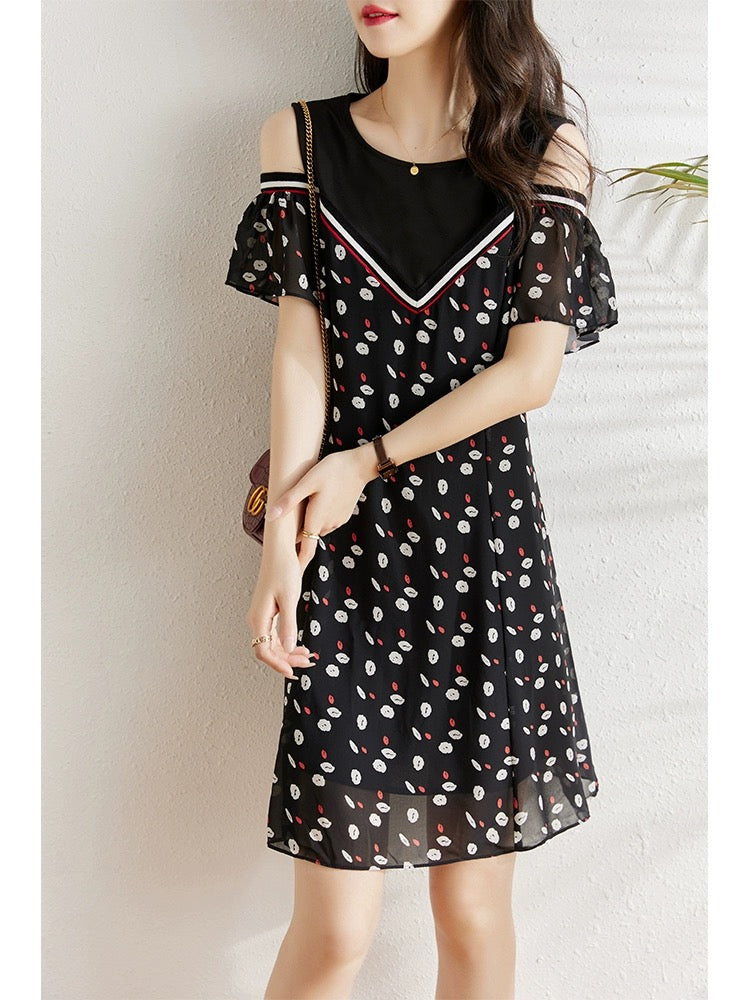 Off-the-shoulder chiffon dress for women 2024 summer new fat mm fashionable casual loose belly-covering slimming A-line skirt