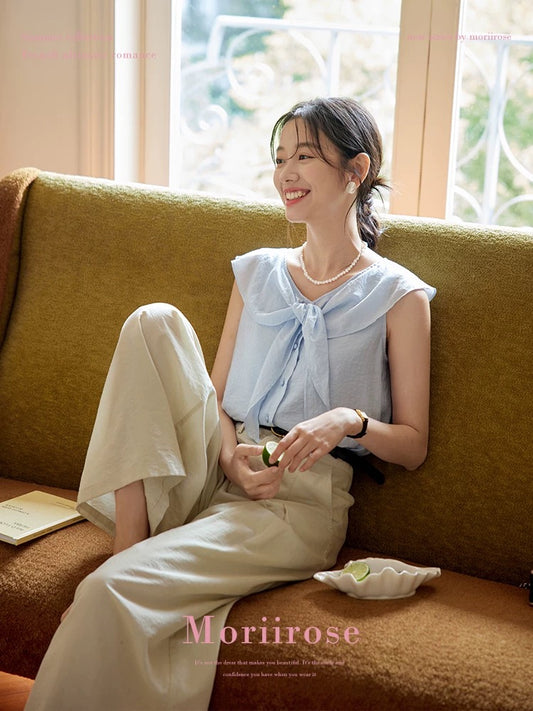 Moriirose light blue large lapel tie sleeveless shirt female summer French retro loose commuter top