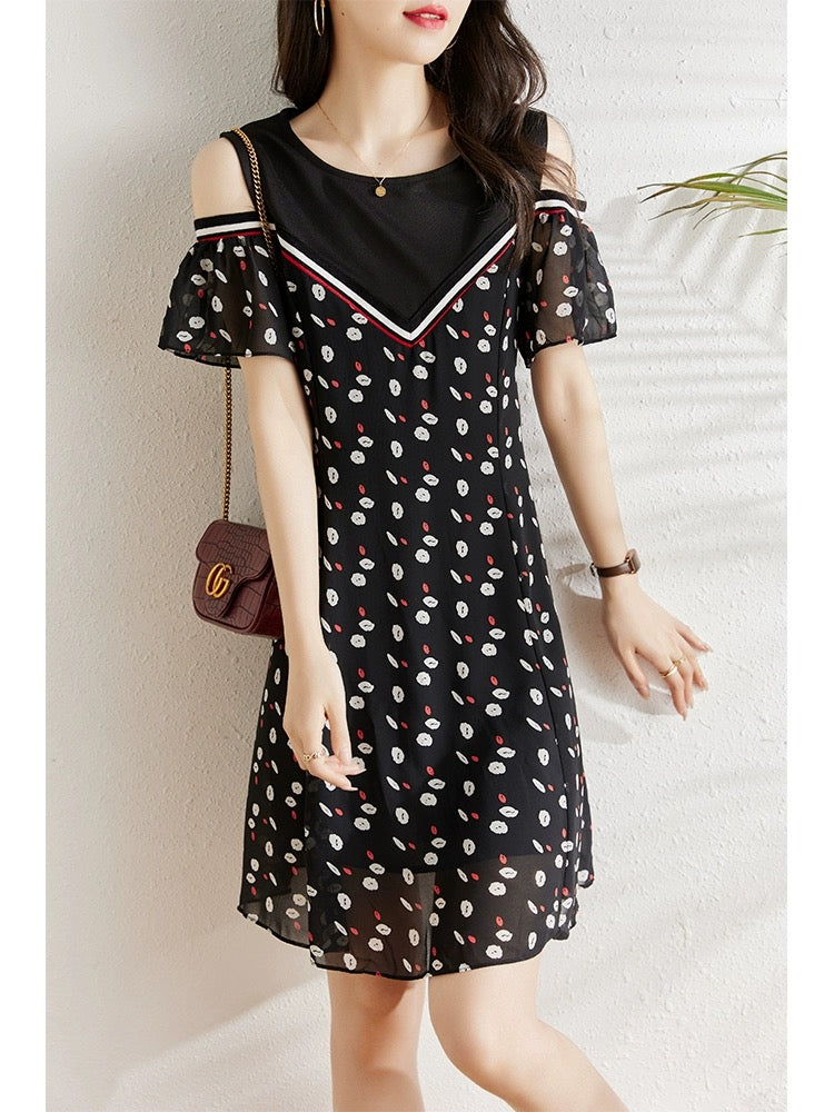 Off-the-shoulder chiffon dress for women 2024 summer new fat mm fashionable casual loose belly-covering slimming A-line skirt