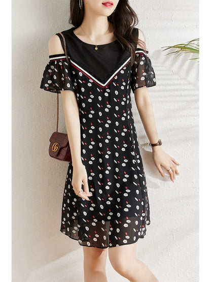 Off-the-shoulder chiffon dress for women 2024 summer new fat mm fashionable casual loose belly-covering slimming A-line skirt