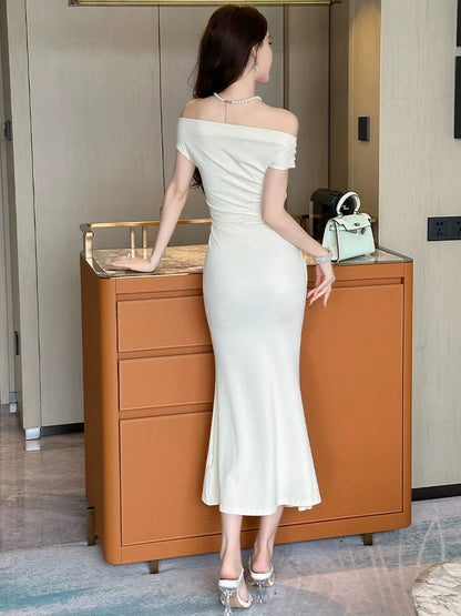 European station fishtail dress women's summer one-shoulder elegant temperament sexy mid-length waist slimming hip skirt