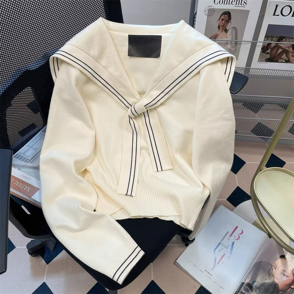 French milk-style gentle navy collar shawl sweater for women autumn and winter college style slim waist short knitted sweater top