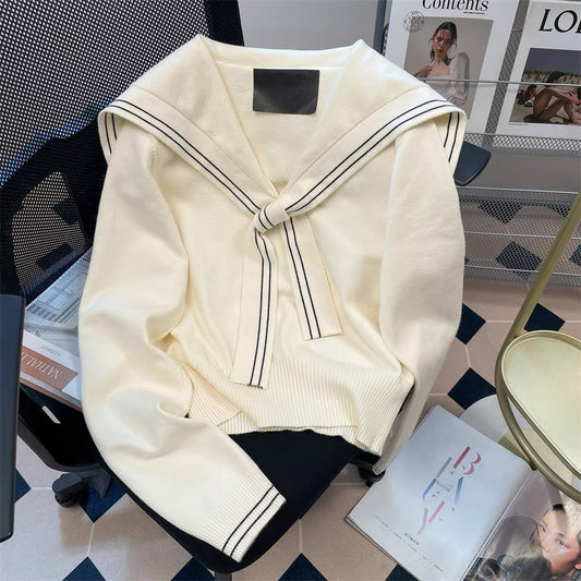 French milk-style gentle navy collar shawl sweater for women autumn and winter college style slim waist short knitted sweater top
