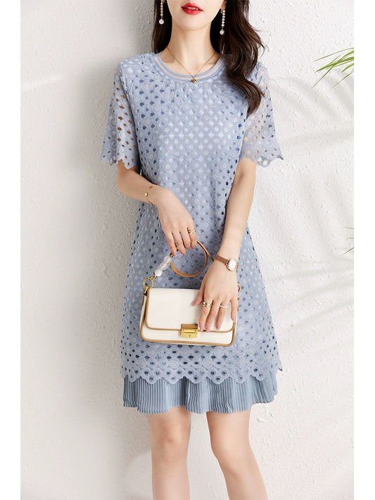 Blue Hollow Lace Dress Women Summer 2024 New Small Loose Belly Covering Slimming Chic Pleated Skirt