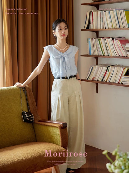 Moriirose light blue large lapel tie sleeveless shirt female summer French retro loose commuter top