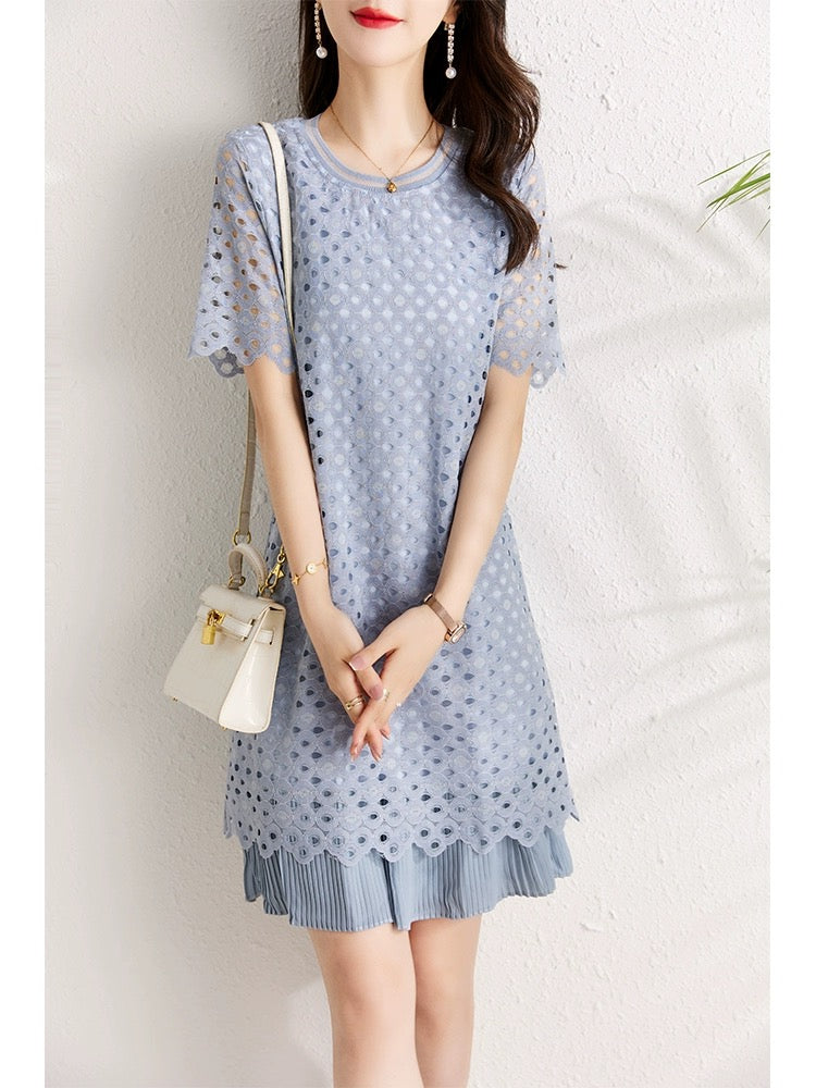Blue Hollow Lace Dress Women Summer 2024 New Small Loose Belly Covering Slimming Chic Pleated Skirt