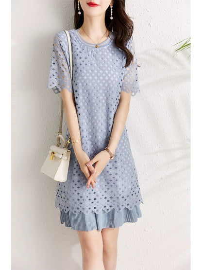 Blue Hollow Lace Dress Women Summer 2024 New Small Loose Belly Covering Slimming Chic Pleated Skirt