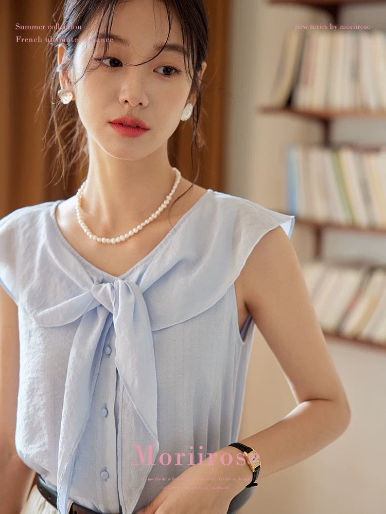 Moriirose light blue large lapel tie sleeveless shirt female summer French retro loose commuter top