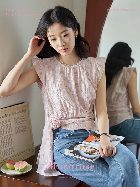 Moriirose pink round neck small flying sleeves tie flower shirt female summer retro design temperament top