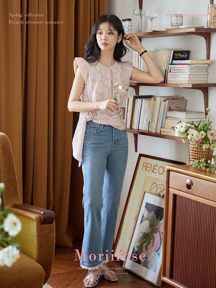 Moriirose pink round neck small flying sleeves tie flower shirt female summer retro design temperament top