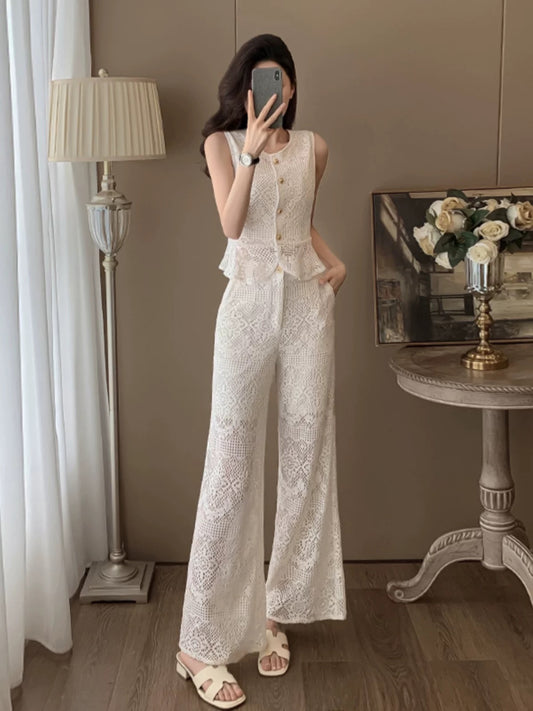 Summer clothes are paired with a complete set of fashionable age-reducing temperament for ladies, high-end lace sleeveless wide-leg pants two-piece suit for women