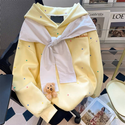 Autumn cream yellow polka dot shawl hooded sweatshirt jacket for women Japanese style sweet and cute age-reducing three-dimensional bear top