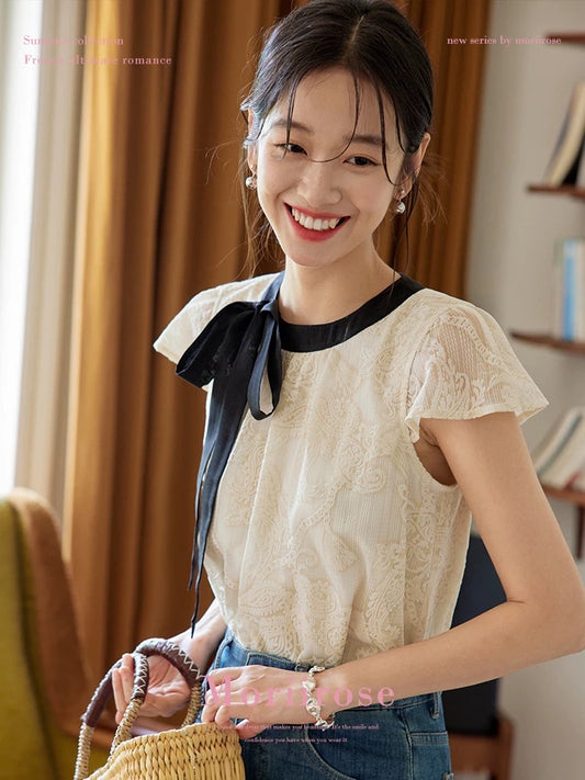 Moriirose contrast color lace-up embossed print design shirt women's summer retro pullover temperament top